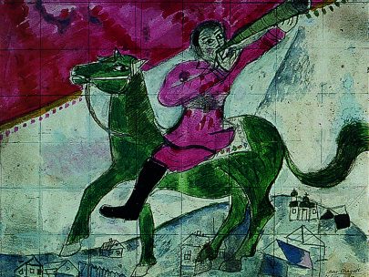 VII. Troubící jezdec, 1918, akvatinta, tužka a kvaš na papíře, 23 × 30 cm, soukromá sbírka. Repro: Marc Chagall (2008), s. 100.