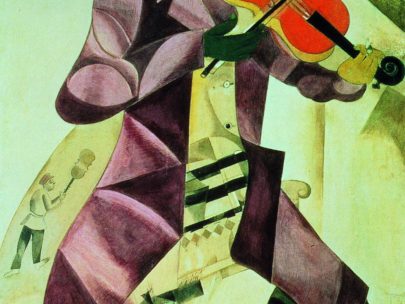 VIII. Hudba (Židovské divadlo), 1920, tempera a kvaš, 213 × 104 cm, Treťjakovská galerie, Moskva. Repro: Marc Chagall (2008), s. 108.