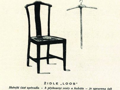 Židle „Loos“, časopis Bytová kultura I, 1924/1925. Horní část opěradla je uzpůsobena k přehození vesty a kabátu. (obr. 15)