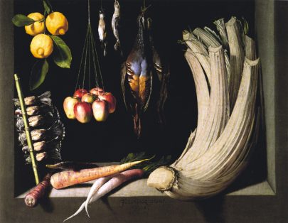 Juan Sánchez Cotán: Zátiší se zvěřinou, zeleninou a ovocem, 1602, olej na plátně, 68 × 88 cm, Madrid, Museo del Prado.