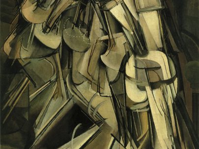 Marcel Duchamp: 
Akt sestupující se schodů č. 2, 1912, olej na plátně, 89 × 146 cm. Philadelphia Museum of Art. Repro: Marcel Duchamp (2014), s. 165
 (Obr. 9)