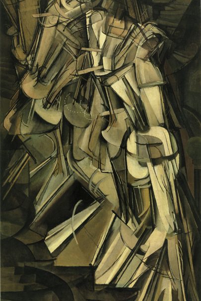Marcel Duchamp: 
Akt sestupující se schodů č. 2, 1912, olej na plátně, 89 × 146 cm. Philadelphia Museum of Art. Repro: Marcel Duchamp (2014), s. 165
 (Obr. 9)