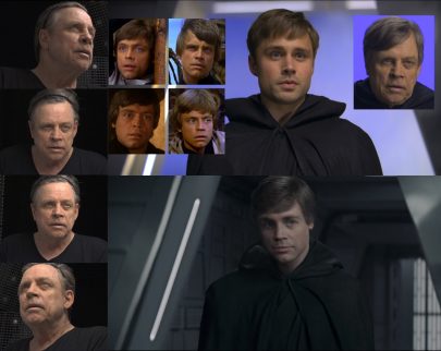 Komplikovaný proces omlazování Marka Hamilla v roli Luka Skywalkera v seriálu The Mandalorian. 
Na snímcích vlevo je zachyceno digitální skenování Marka Hamilla. Herec se posadí do speciální osvětlovací soustavy LED panelů (viz titulní obrázek). LED světla je možné naprogramovat, aby světelné odrazy na hercově tváři odpovídaly osvětlení na place během natáčení. Snímek vpravo nahoře ukazuje referenční fotografie Marka Hamilla z 80. let (levá část), Hamillova stand-in na place (uprostřed) a Hamilla během natáčení (pravá část). Na spodním snímku je výsledný záběr omlazeného Luka Skywalkera. Repro obr. č. 6 a titulní fotografie: https://www.youtube.com/watch?v=effHYIbjqYU, screenshoty (Obr. 6)