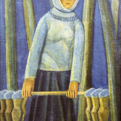 Mychajlo Bojčuk: Mlékařka, 1922–1923, tempera na plátně, 95 × 45 cm, Národní umělecké muzeum Ukrajiny. Repro: Národní umělecké muzeum Ukrajiny, 2003, s. 29 (Obr. 14)