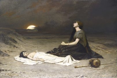 Emanuel Krescenc Liška: Hagar a Izmael na poušti, 1883, olej, plátno, 260 × 173 cm, Západočeská galerie v Plzni (Obr. 12)