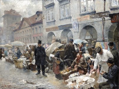 Luděk Marold: Vaječný trh v Praze, 1888, olej, plátno, 101,5 × 135 cm, Národní galerie v Praze (Obr. 16)
