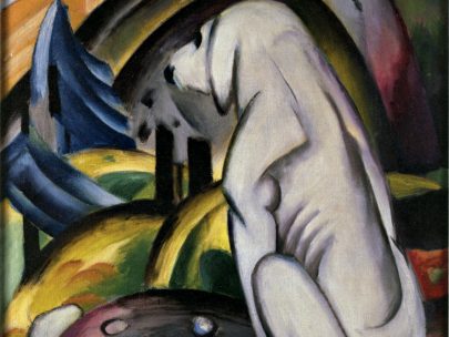 Franz Marc: Bílý pes (Pes před světem), 1912, olej na plátně, 111 × 83 cm, soukromá sbírka. Repro: Franz Marc: The Retrospective, s. 149. (Obr. 15)