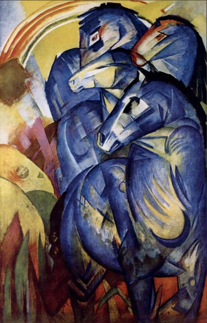 Franz Marc: Věž modrých koní, 1913, olej na plátně, 200 × 130 cm, Museo Nacional Thyssen-Bornemisza, Madrid. Repro: Barnett (2018), s. 44. (Obr. 25)