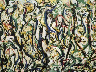 Jackson Pollock: Mural, 1943, olej na plátně, 243 × 603 cm, Museum of Art, Univerzity of Iowa, Iowa (Obr. 2)