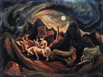 Jackson Pollock: Going West, 1934–1938, olej na dřevěné desce, 38,5 × 53 cm, National Collection of Fine Art, Washington (Obr. 5)