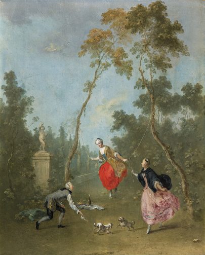 Norbert Grund 
(Praha 1717 – 1767 Praha), Dáma na houpačce, kolem 1750, olej, lipové dřevo, 27,2 × 22 cm. Národní galerie v Praze, O 339
