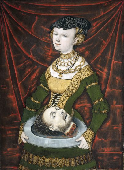 Mistr IW (činný v severozápadních Čechách kolem 1520/1525–1550), Salome s hlavou Jana Křtitele, kolem 1530, olej, dřevo, 84 × 61 cm. Národní galerie v Praze, O 19179