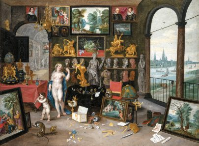 Jan I. van Kessel (Antverpy 1626 – 1679 Antverpy) a vlámská škola, Venuše a Kupido v obrazárně (Personifikace zraku), kolem 1650, olej, plátno, 86,5 × 115 cm. Národní galerie v Praze, O 8644