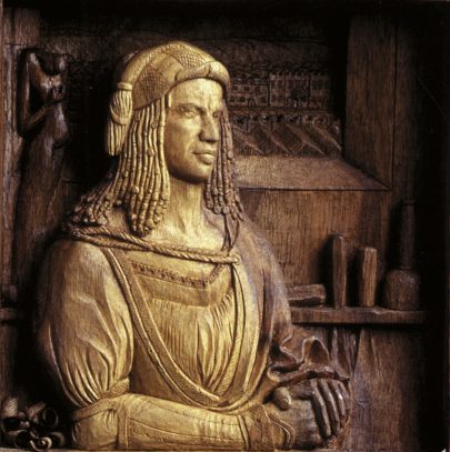 Martina Netíková: Portrét J. N. (podle Albrechta Dürera), 2003, miniatura, deska 93 × 59 cm, řezba 12 x 12 cm (Obr. 6)
