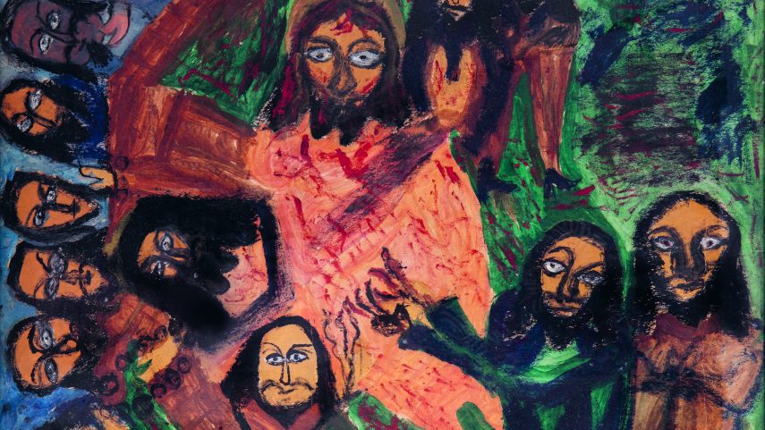 Maria Wnęk: Ježíšovo utrpení, 80. léta 20. století, tempera, papír, 50,9 × 70,3 cm, sbírka Leszka Macaka, Krakov