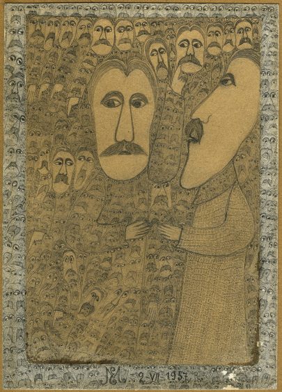 Edmund Monsiel: Bez názvu (Zmnožení tváří), líc, 1957, tužka, papír, 16,8 × 11,8 cm, Slezské muzeum v Katovicích