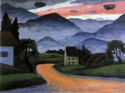 Olympiastraße, 1936, olej na plátně, 32,5 × 44 cm. Schloßmuseum Murnau (Obr. 13)