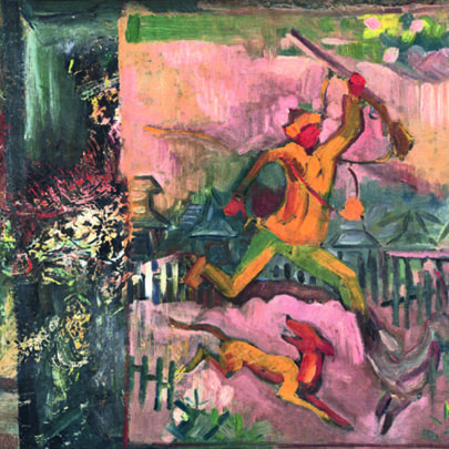 Arnold Peter Weisz-Kubínčan: Utekajúci poľovník s puškou, 1935, olej na sololitu, 49 x 35,5 cm. Slovenská národní galerie, Bratislava ((obr. 12))