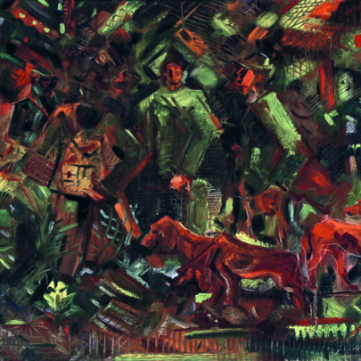 Arnold Peter Weisz-Kubínčan: Poľovníci so psami, 1944, olej na plátně, 36 × 49 cm. Slovenská národní knihovna – Literární muzeum Martin ((obr. 17))