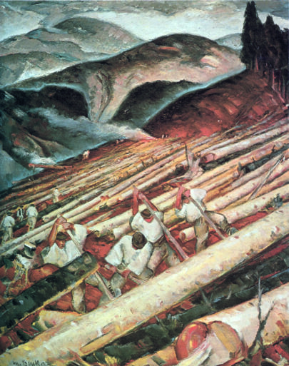 Martin Benka: Drevorubači pod Salatínom, 1931, olej na plátně, 140 × 115 cm. Slovenská národní galerie, Bratislava ((obr. 3))