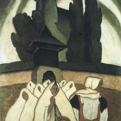 Miloš A. Bazovský: Z kostola (Chrám, Závadka), 1932, pastel, 119 × 88,5 cm. Slovenská národní galerie, Bratislava ((obr. 5))