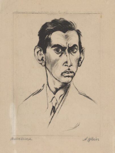 Arnold Peter Weisz-Kubínčan: Autoportrét, kolem 1922, suchá jehla, 11 × 15 cm. Oravská galerie v Dolnom Kubíne ((obr. 9))